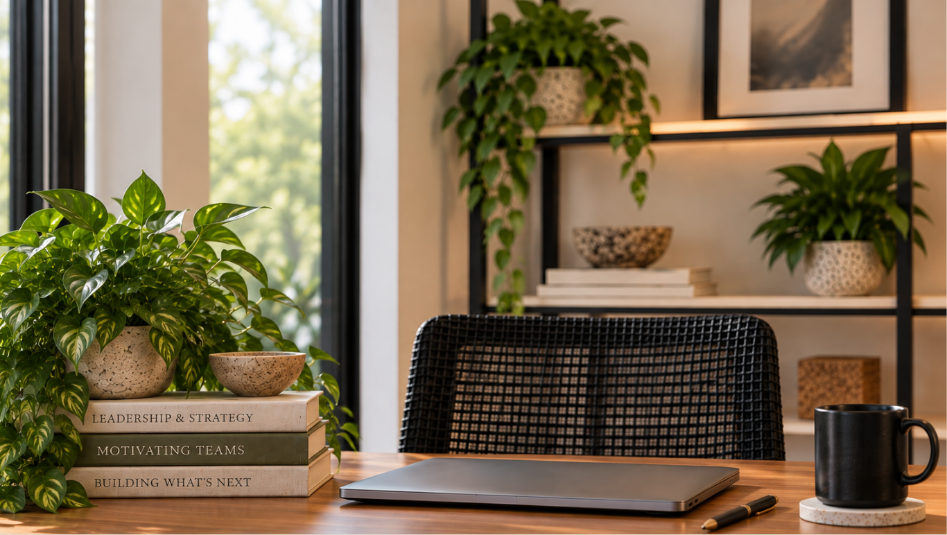 Professional workspace with laptop, leadership books, plants, and a black chair